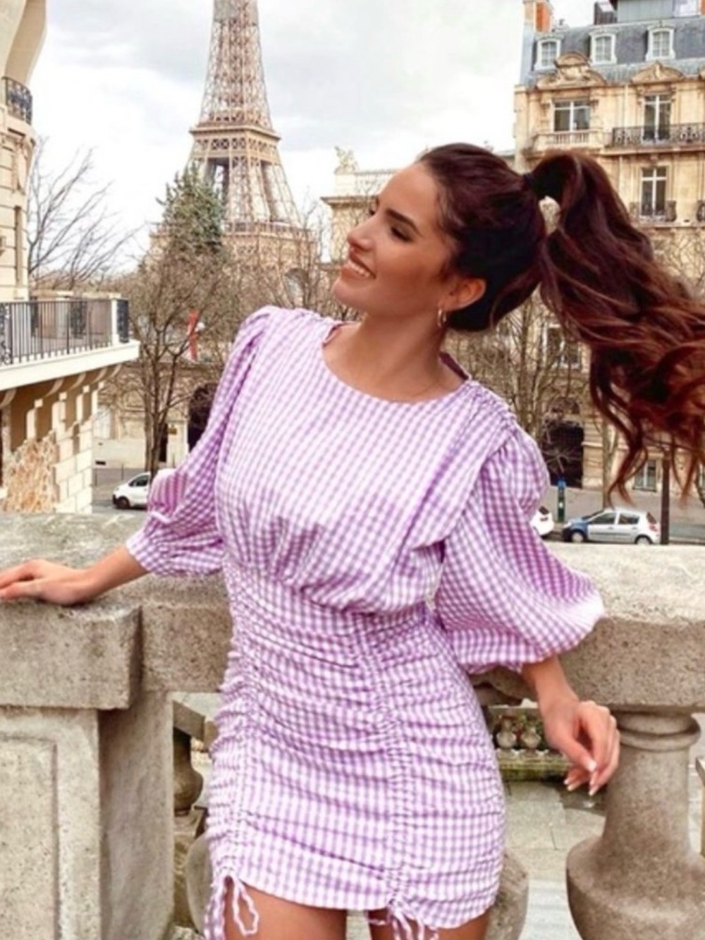 Whiteroom + Cactus Pink Gingham Puff Sleeve Ruched Drawstring Mini Dress size M
